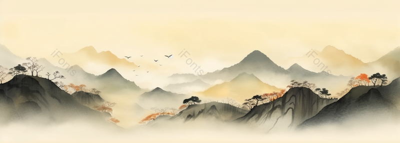 中国复古彩色水墨风景国画云山雾海中的山峰,插画/手绘图,插画/手绘图库,插画/手绘图下载,插画/手绘